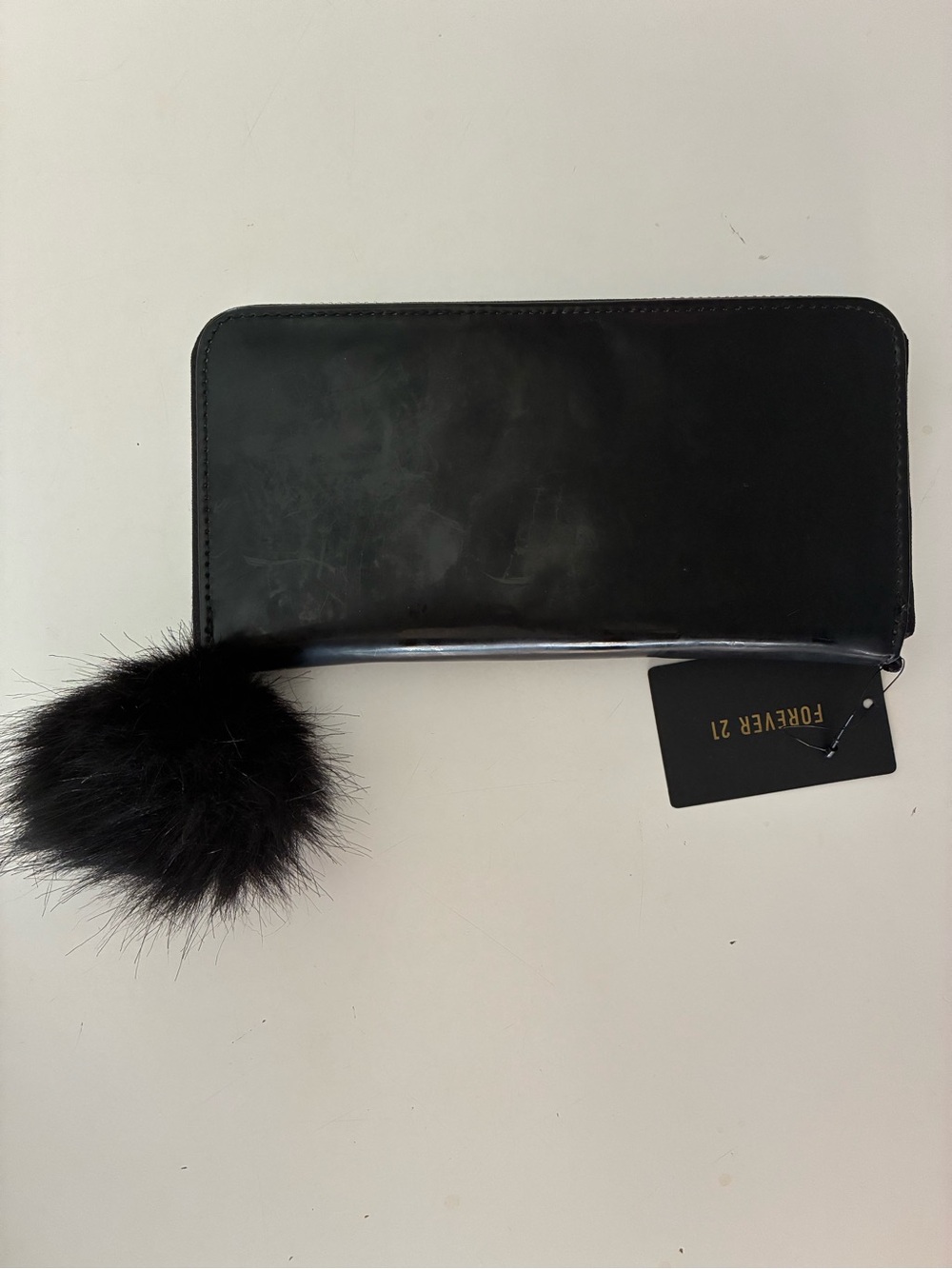 Forever 21 Black Faux Leather Zip Wallet with Black Pom Pom